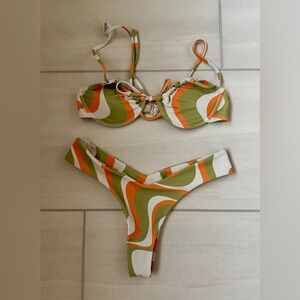 NWOT Aurelle Retro Wave Olive & Orange Women's Bikini Set, Size Small